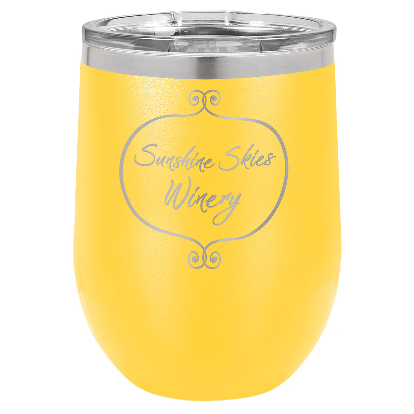 Personalized Laser Engraved Yellow 12 oz. Polar Camel Stemless Wine Tumbler with Clear Lid