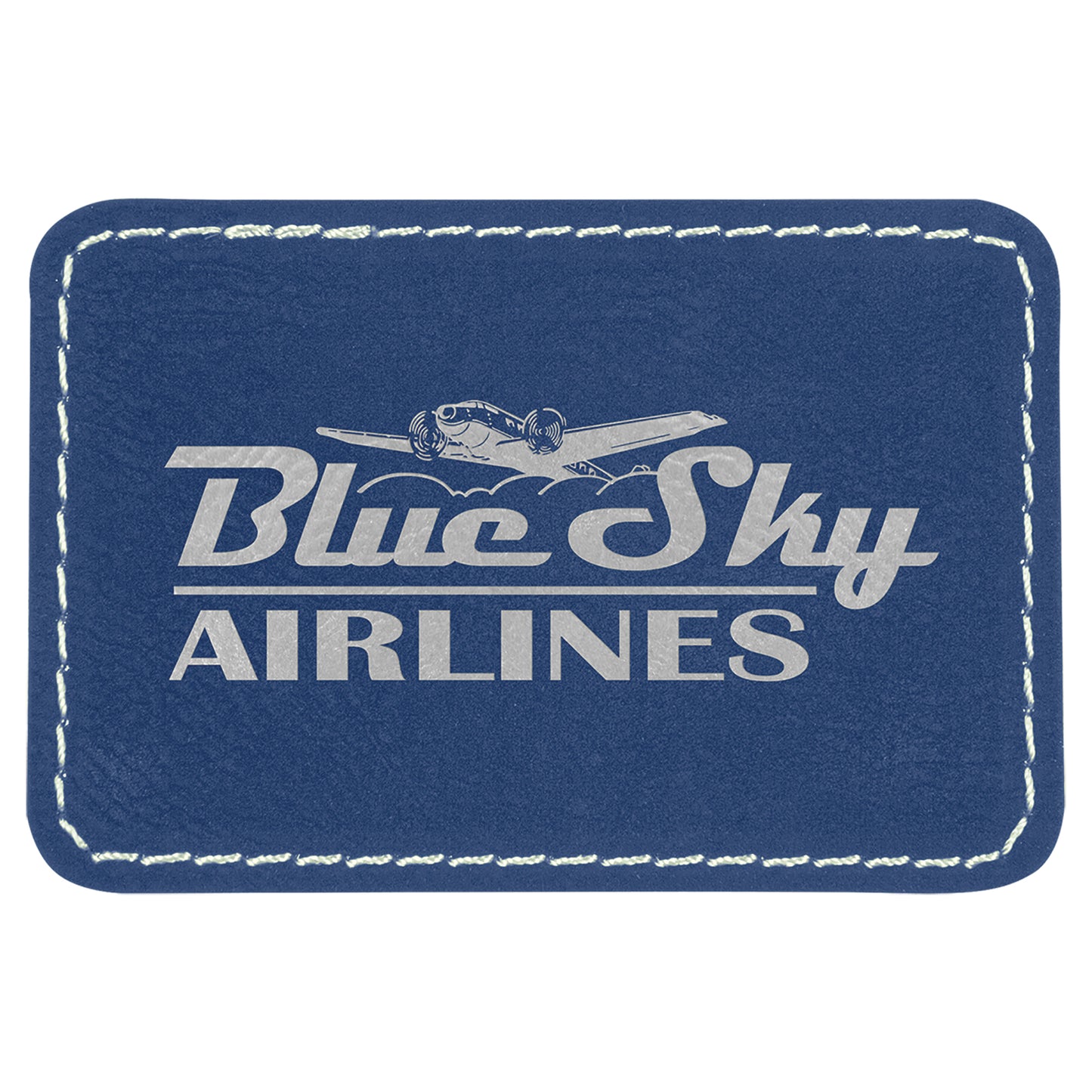 Personalized Laser Engraved 3" x 2" Rectangle Blue/Silver Leatherette Patch with Adhesive