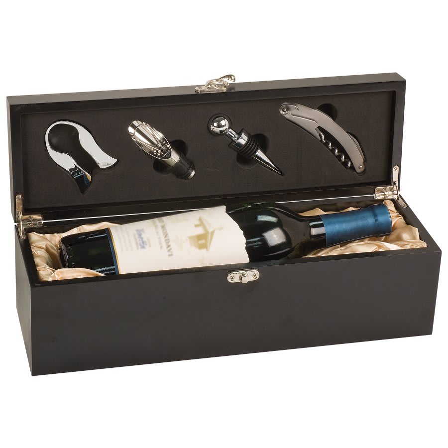 Personalized Laser Engraved Matte Black Finish Single Wine Box with Tools