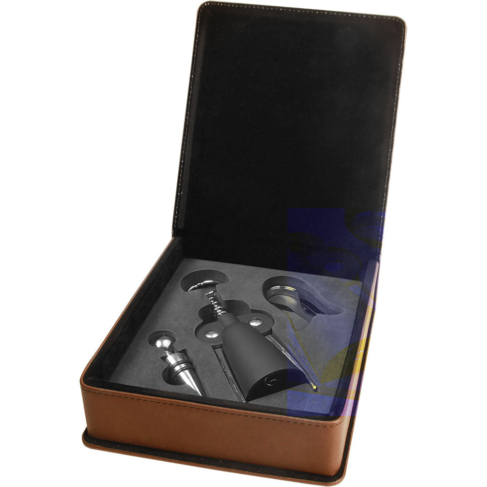 Personalized Laser Engraved Dark Brown Leatherette 3-Piece Wine Tool Gift Set