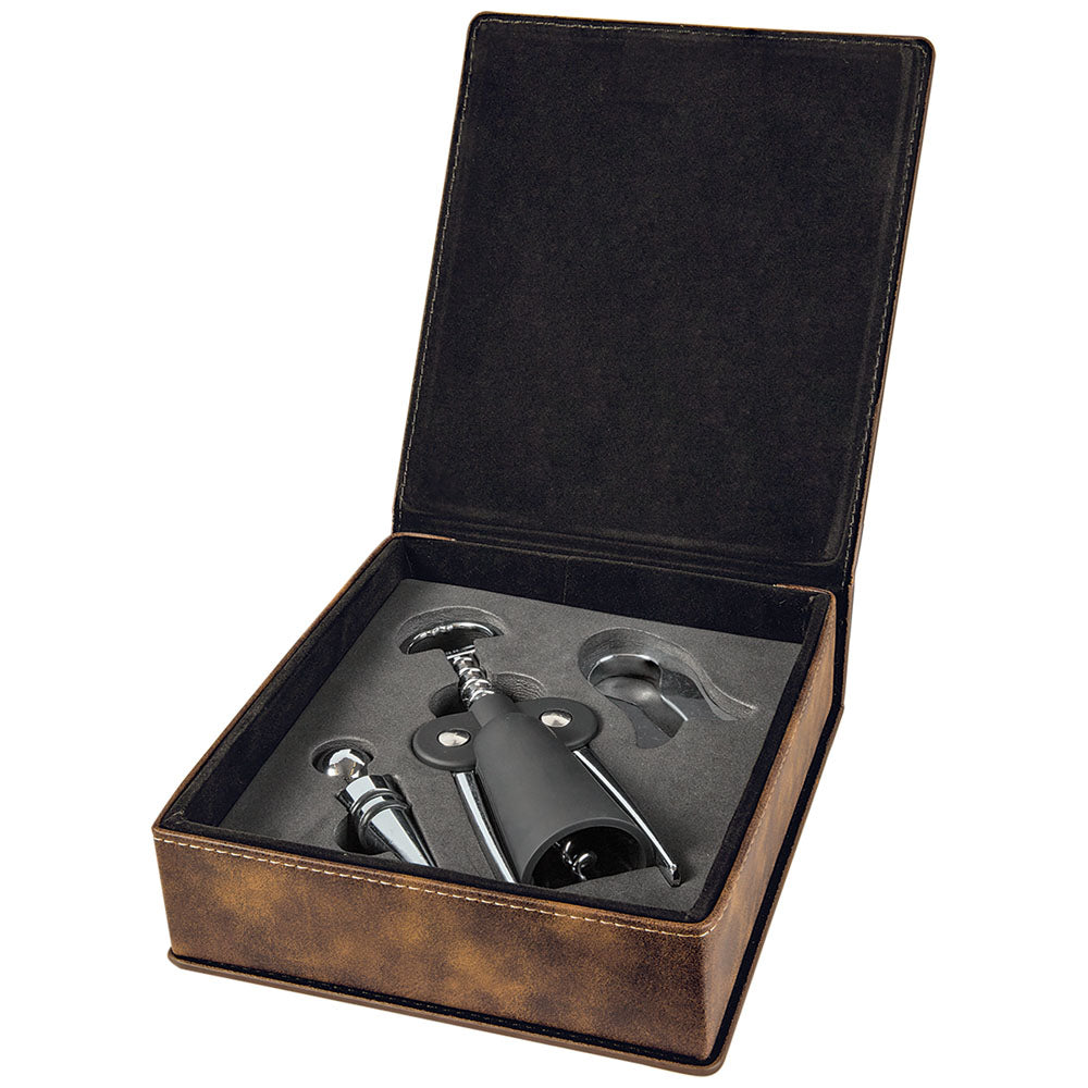 Personalized Laser Engraved Rustic/Gold Leatherette 3-Piece Wine Tool Gift Set