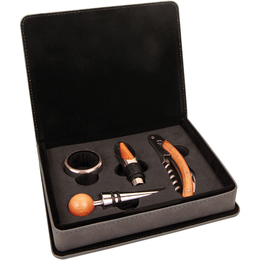 Personalized Laser Engraved Gray Leatherette 4-Piece Wine Tool Set