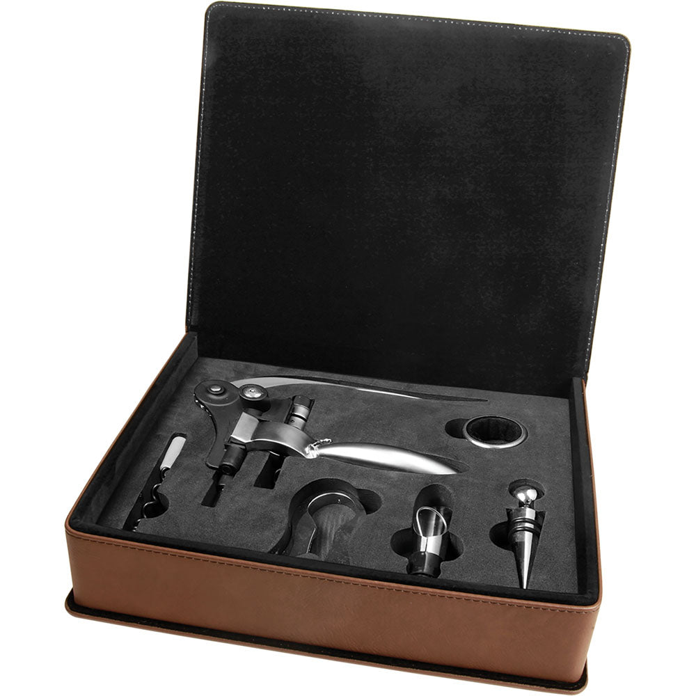 Personalized Laser Engraved Dark Brown Leatherette 5-Piece Wine Tool Gift Set