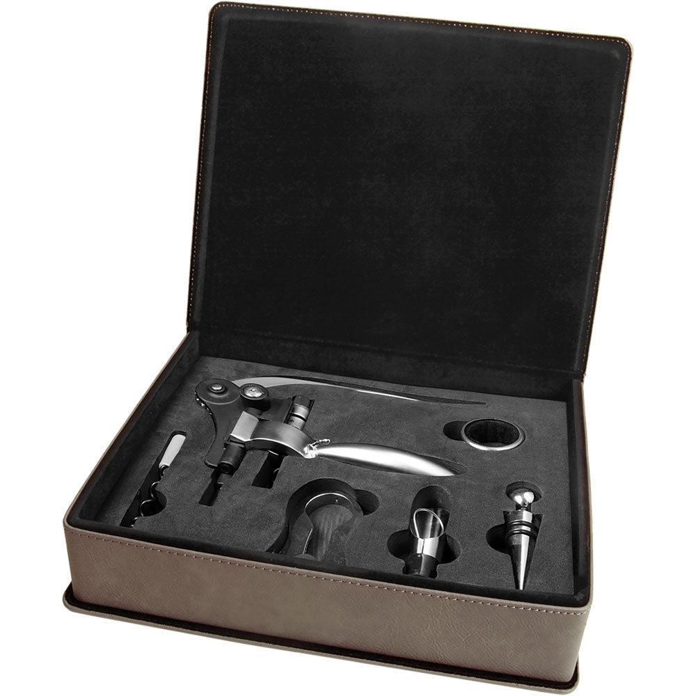 Personalized Laser Engraved Gray Leatherette 5-Piece Wine Tool Gift Set
