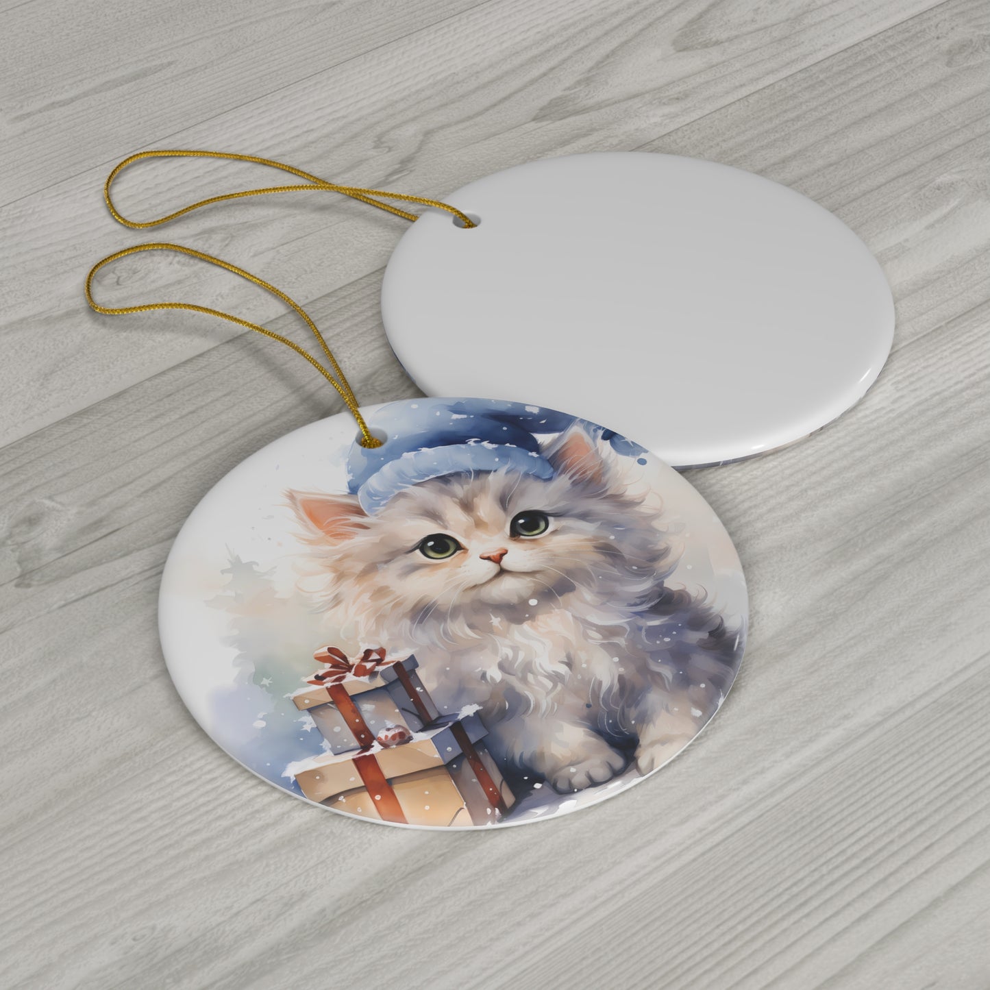 Watercolor Winter- Kitten Ceramic Ornament