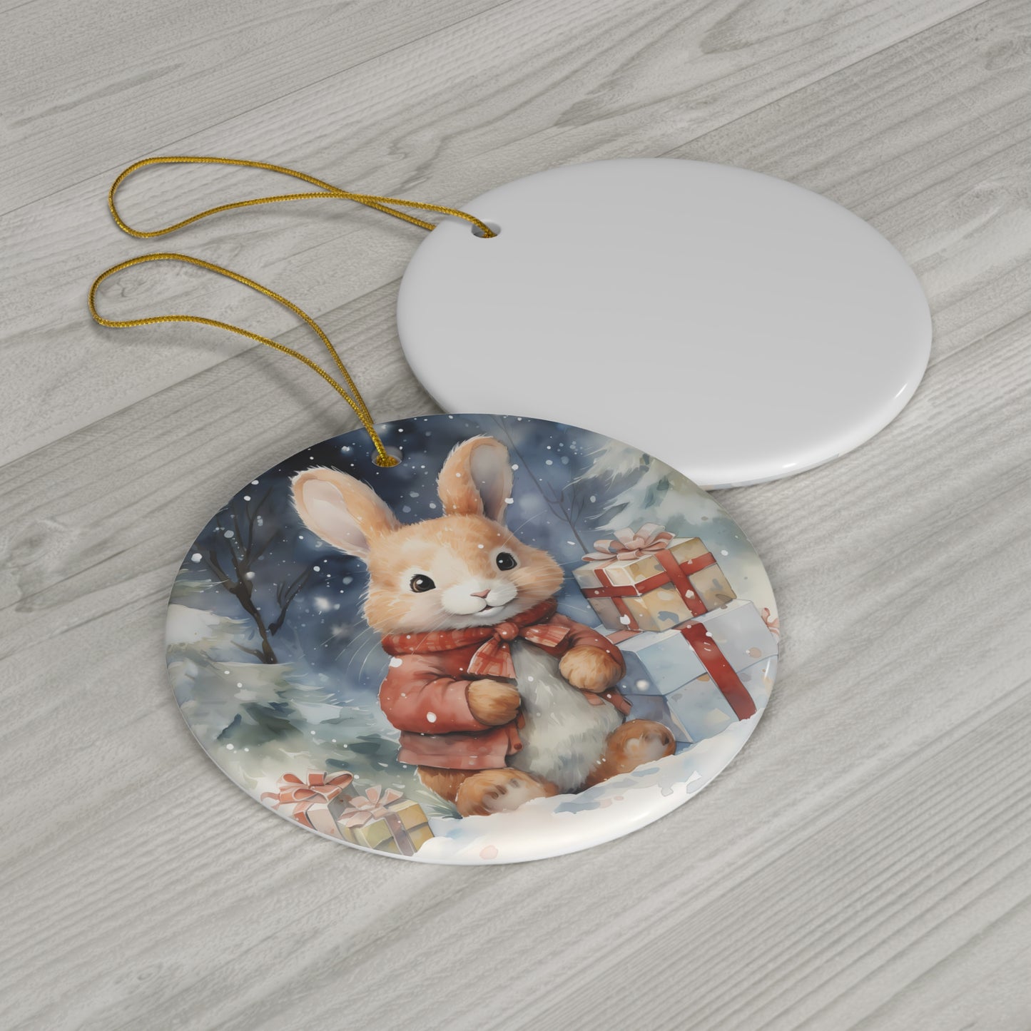 Watercolor Winter- Bunny Ceramic Ornament