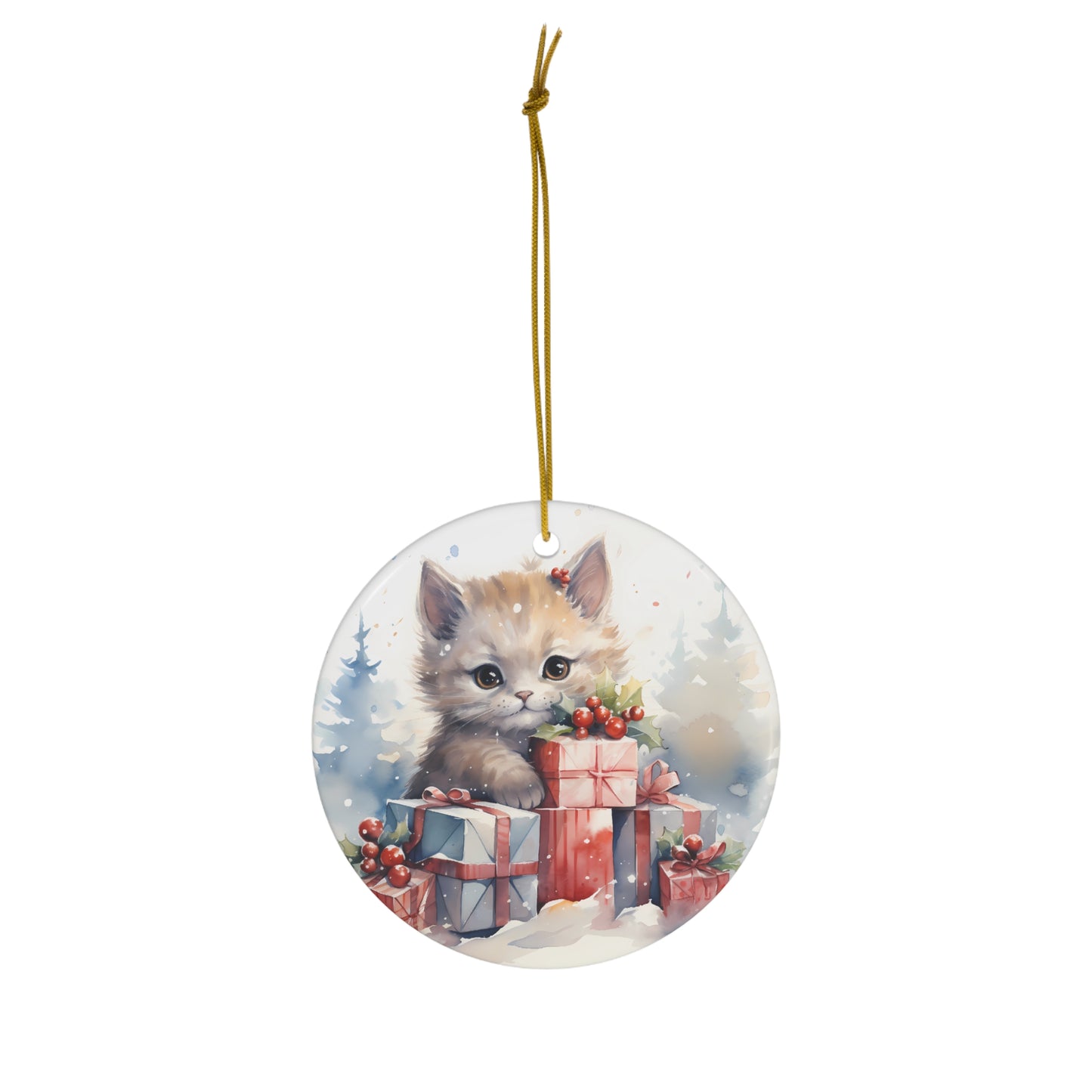 Watercolor Winter- Kitten Ceramic Ornament