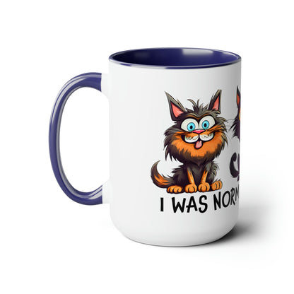 I Was Normal Three Cats Ago Two-Tone Coffee Mugs, 15oz