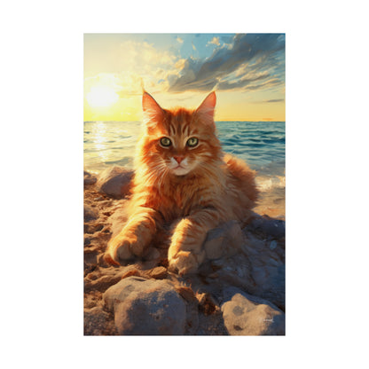 Tabby Cat on a Sunset Beach Premium Matte Vertical Posters