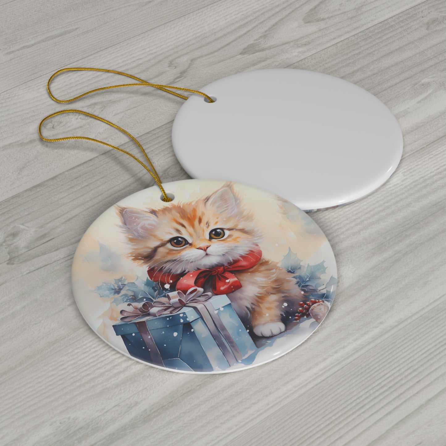 Watercolor Winter- Kitten Ceramic Ornament