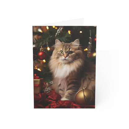 Cat by the Christmas Tree Greeting Cards (1, 10, 30, and 50pcs)