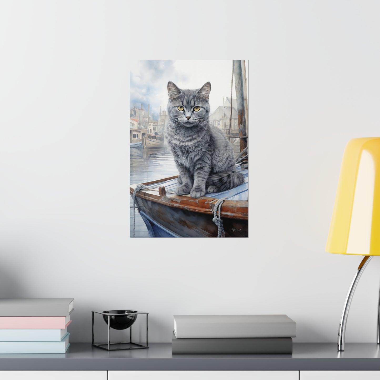 Grey Tabby Cat at the Boat Docks Premium Matte Vertical Posters