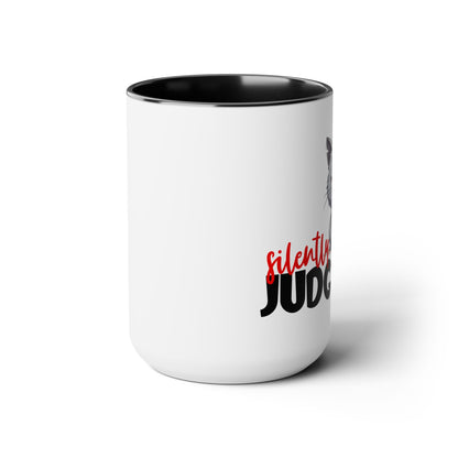 Silently Judging- Gray Cat Two-Tone Coffee Mugs, 15oz