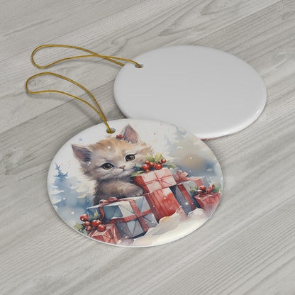 Watercolor Winter- Kitten Ceramic Ornament