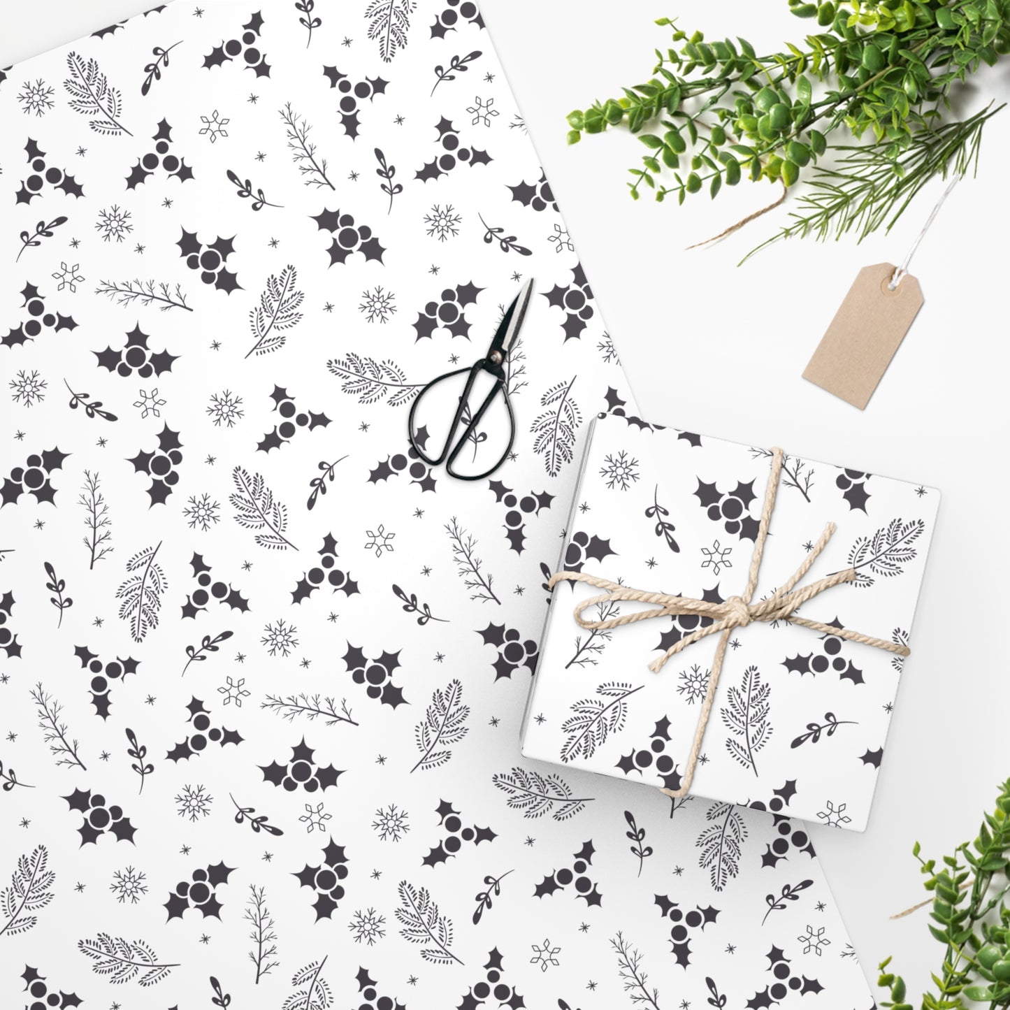 Black & White Holly Wrapping Paper