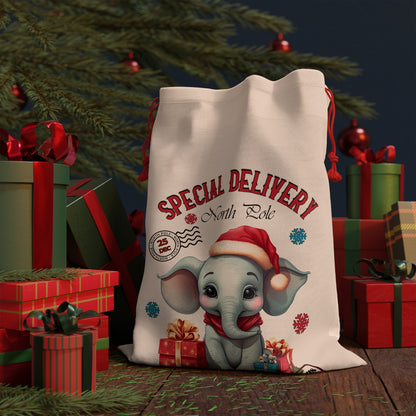 Special Delivery Elephant Christmas Linen Bag