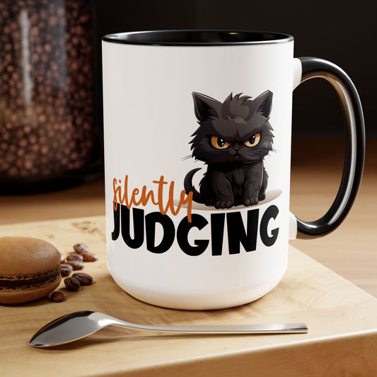 Silently Judging- Black Cat Two-Tone Coffee Mugs, 15oz