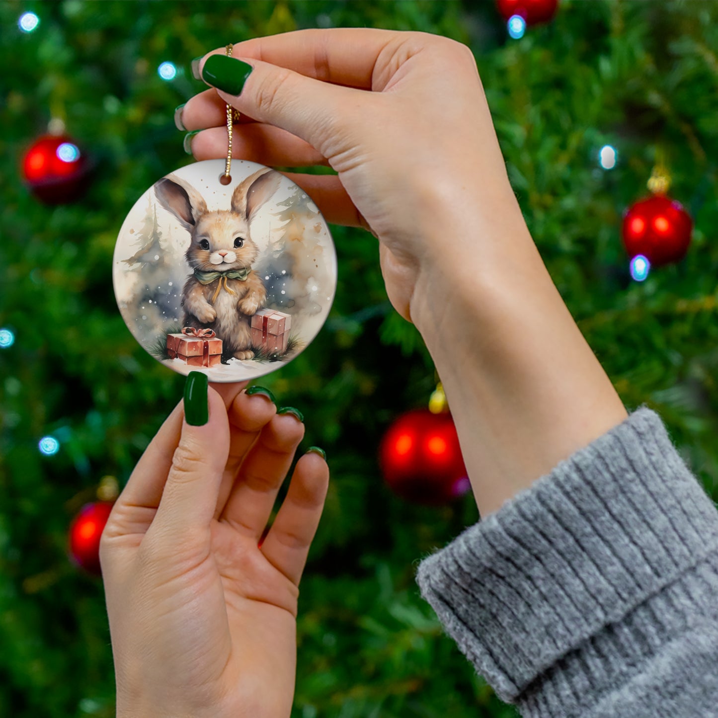 Watercolor Winter- Bunny Ceramic Ornament