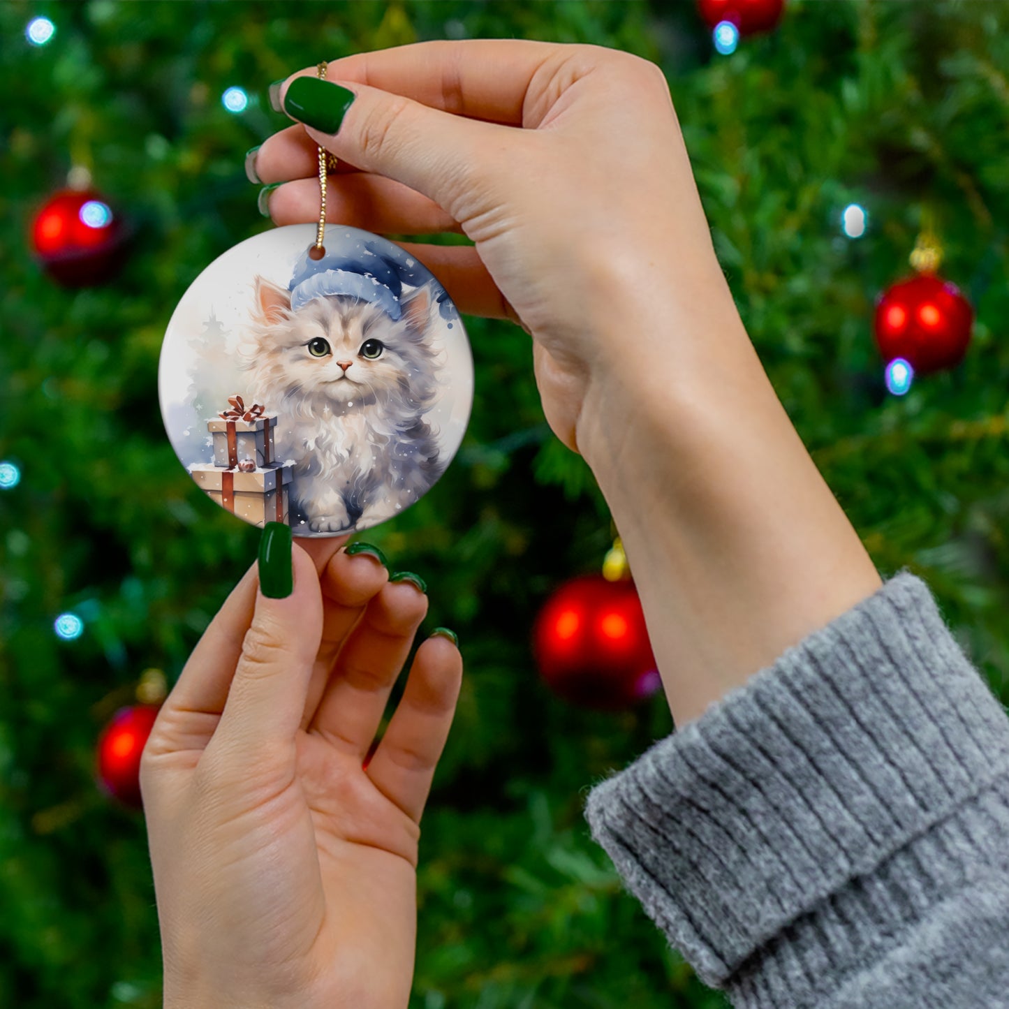 Watercolor Winter- Kitten Ceramic Ornament