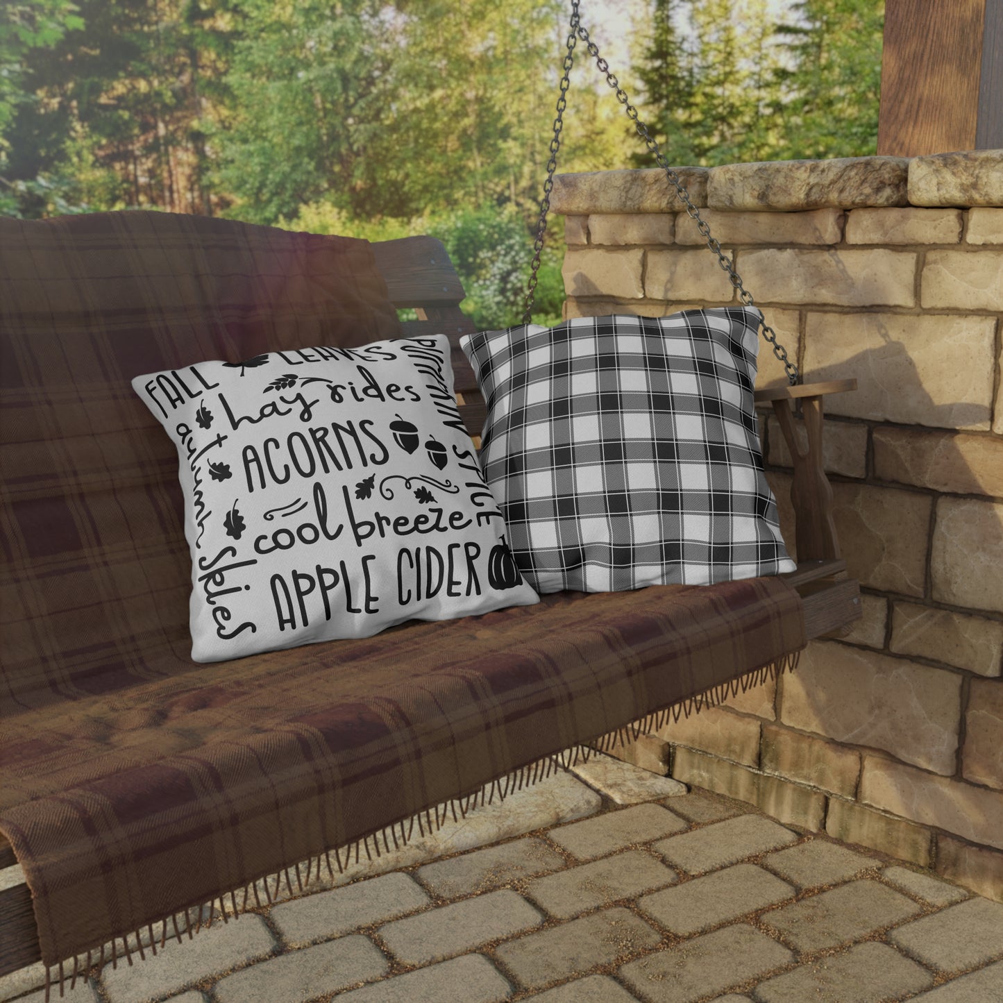 Fall Delights in White & Buffalo Plaid Outdoor Pillows