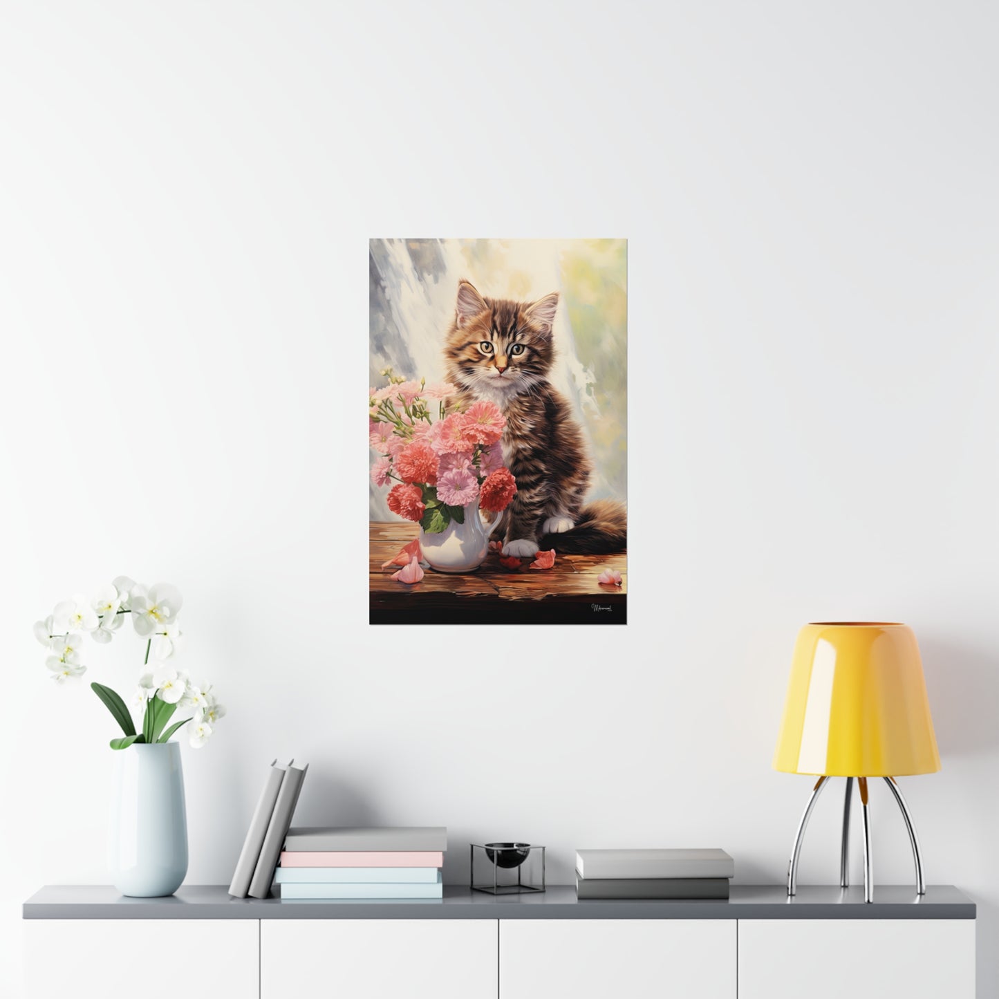 Tabby Kitten Floral Table Premium Matte Vertical Posters