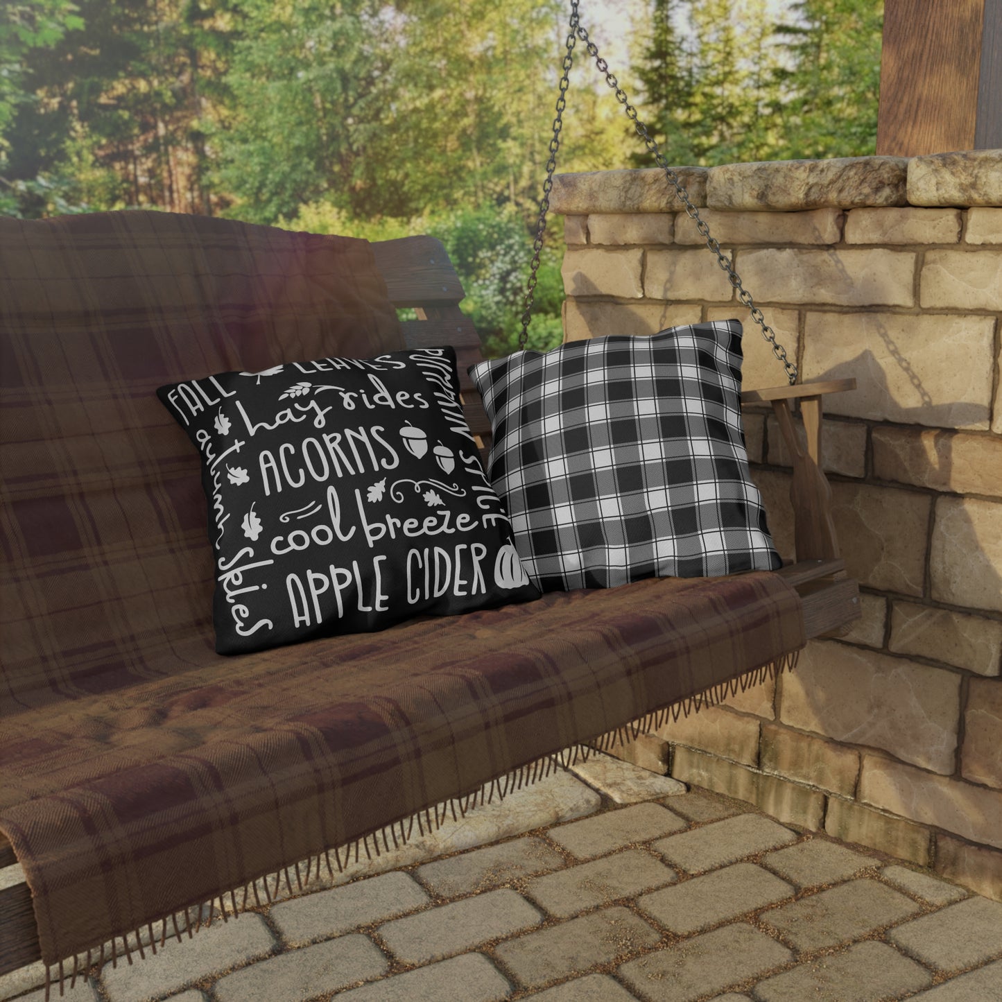 Fall Delights in Black & Buffalo Plaid Outdoor Pillows