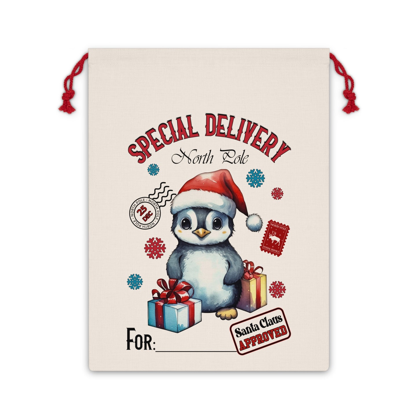 Special Delivery Penguin Christmas Linen Bag