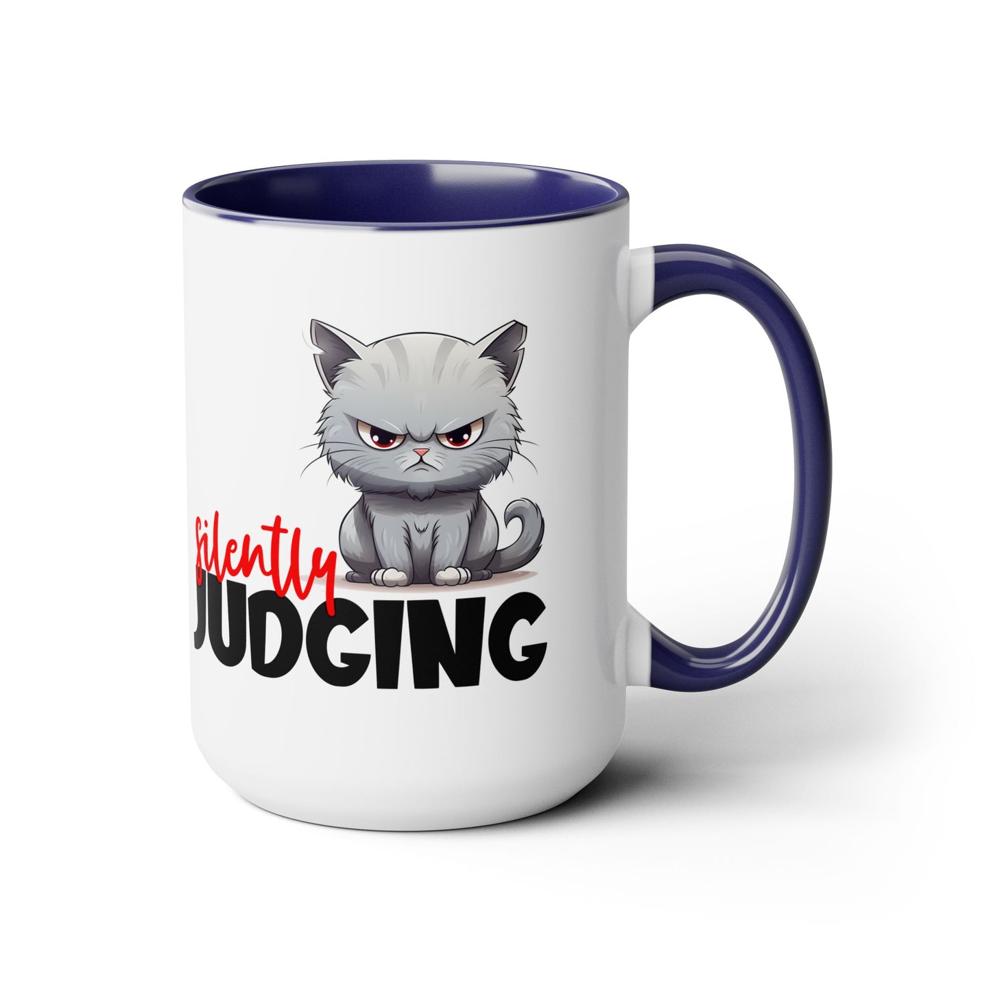 Silently Judging- Gray Cat Two-Tone Coffee Mugs, 15oz