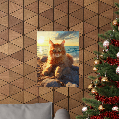 Tabby Cat on a Sunset Beach Premium Matte Vertical Posters