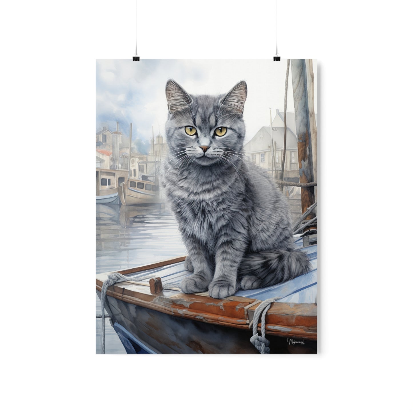 Grey Tabby Cat at the Boat Docks Premium Matte Vertical Posters