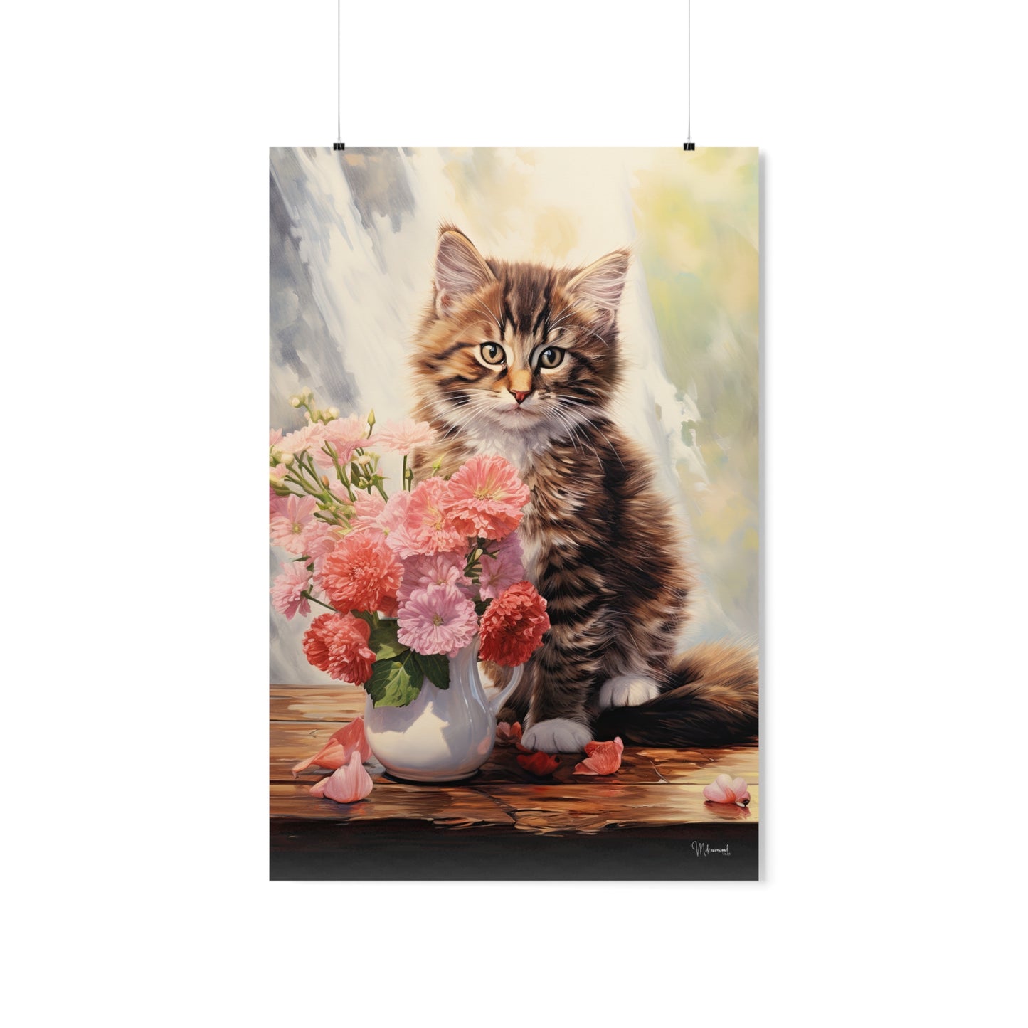 Tabby Kitten Floral Table Premium Matte Vertical Posters