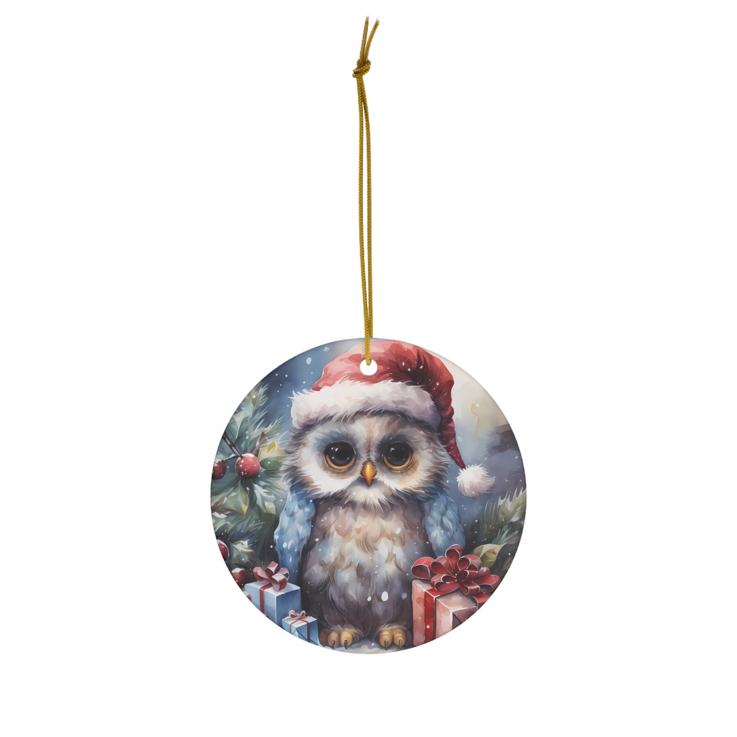 Watercolor Winter- Owl Ceramic Ornament