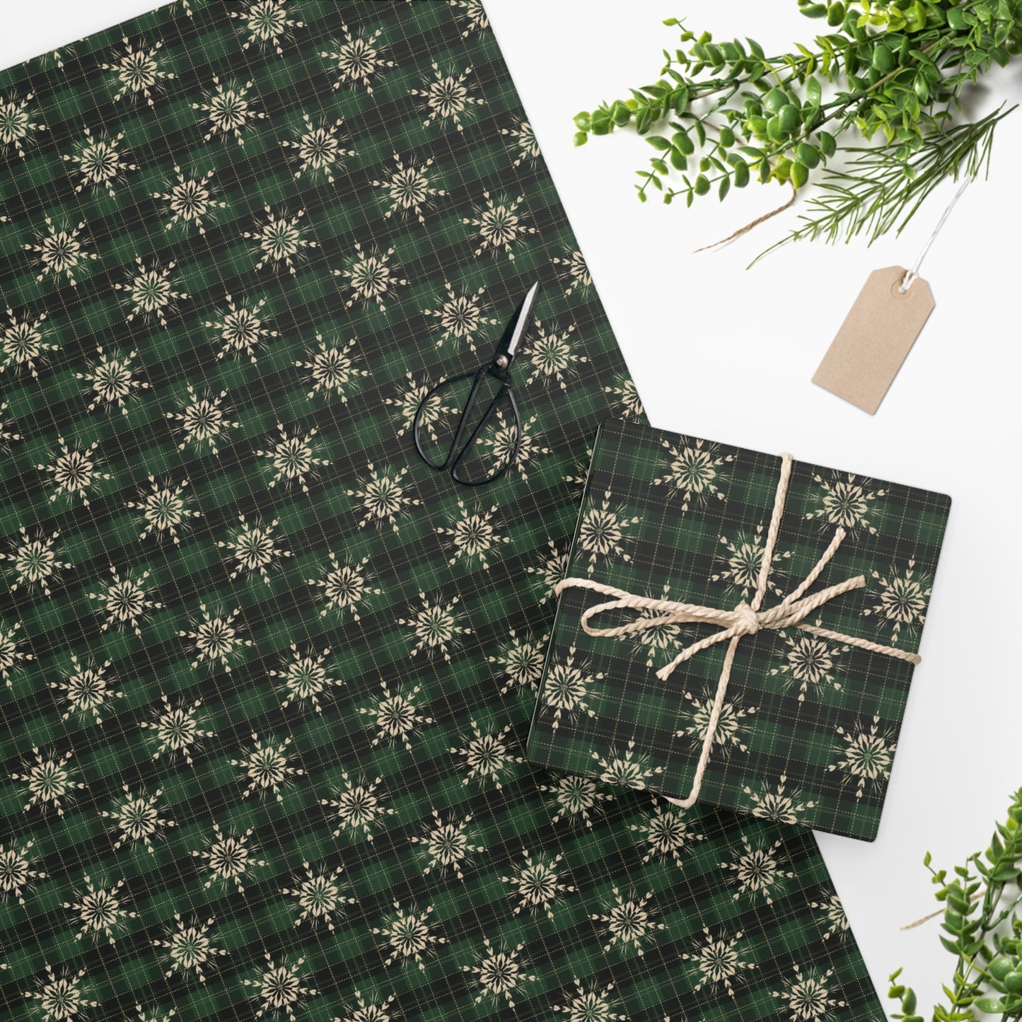 Cozy Christmas Green Plaid Snowflake Wrapping Paper