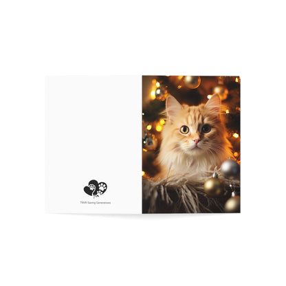 Cat by Christmas Tree Greeting Cards (1, 10, 30, and 50pcs)