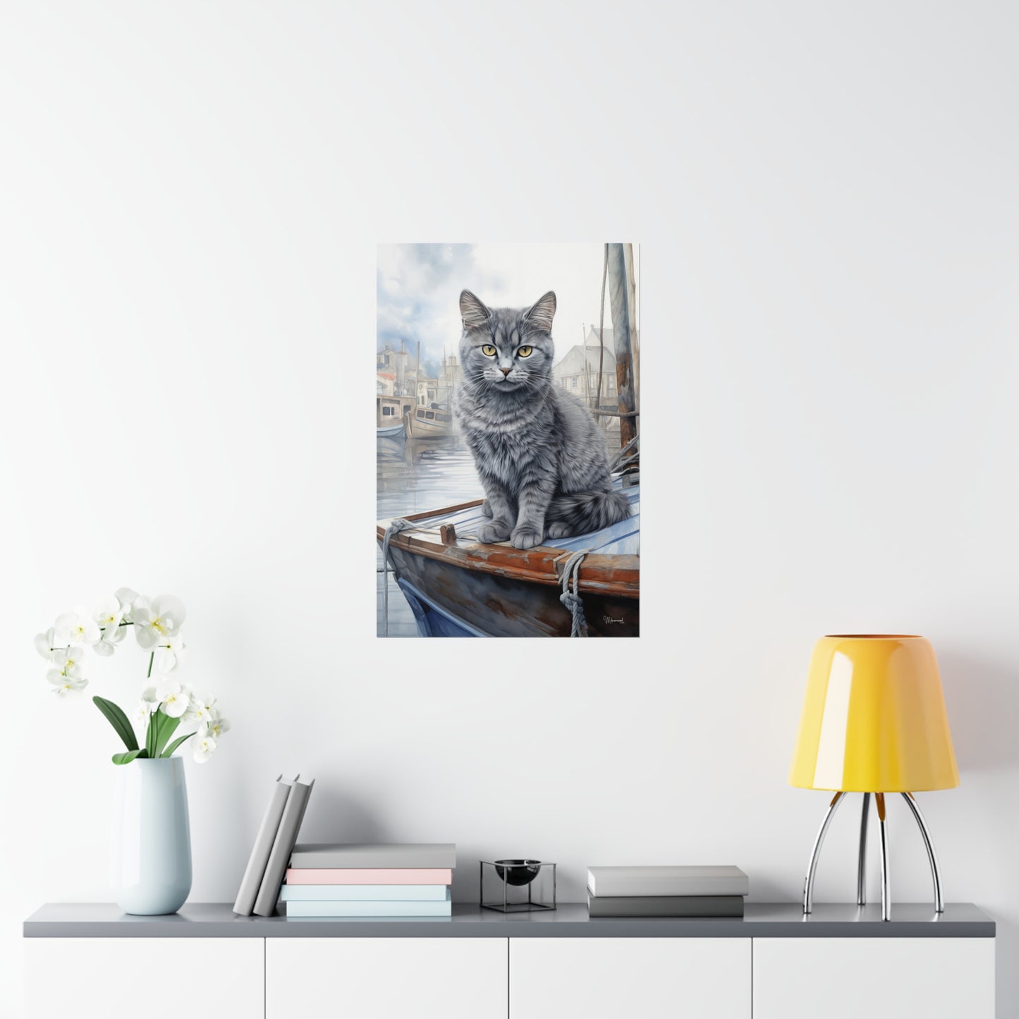 Grey Tabby Cat at the Boat Docks Premium Matte Vertical Posters