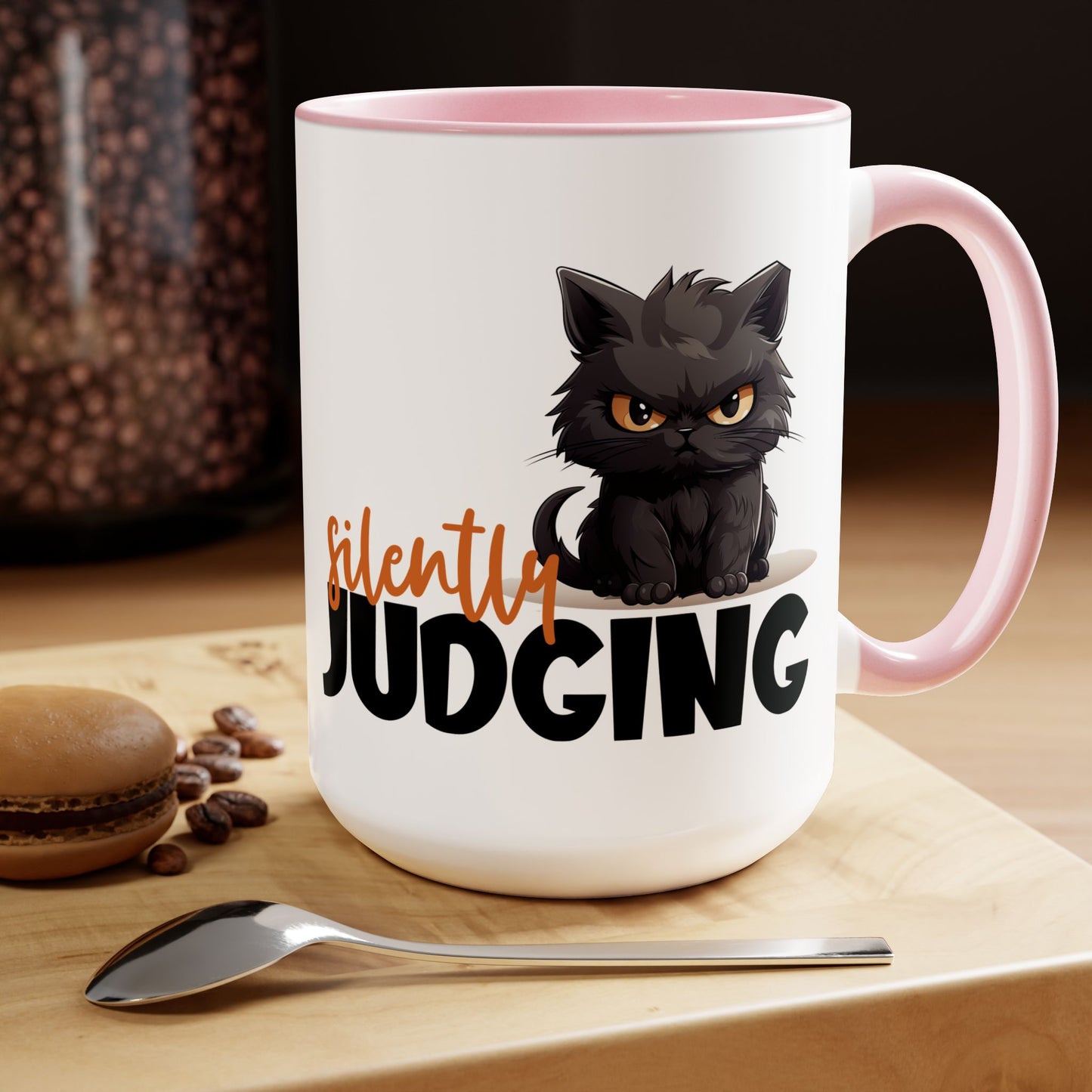 Silently Judging- Black Cat Two-Tone Coffee Mugs, 15oz