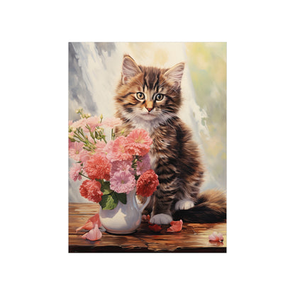 Tabby Kitten Floral Table Premium Matte Vertical Posters