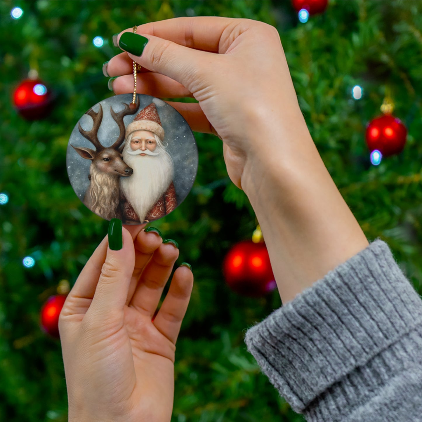 Watercolor Winter- Santa & Reindeer Ceramic Ornament