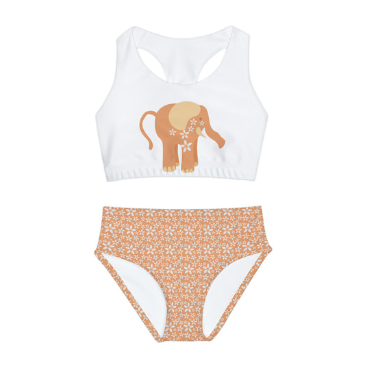 Elephant Peach and Floral Girls Two Piece Swimsuit (AOP)