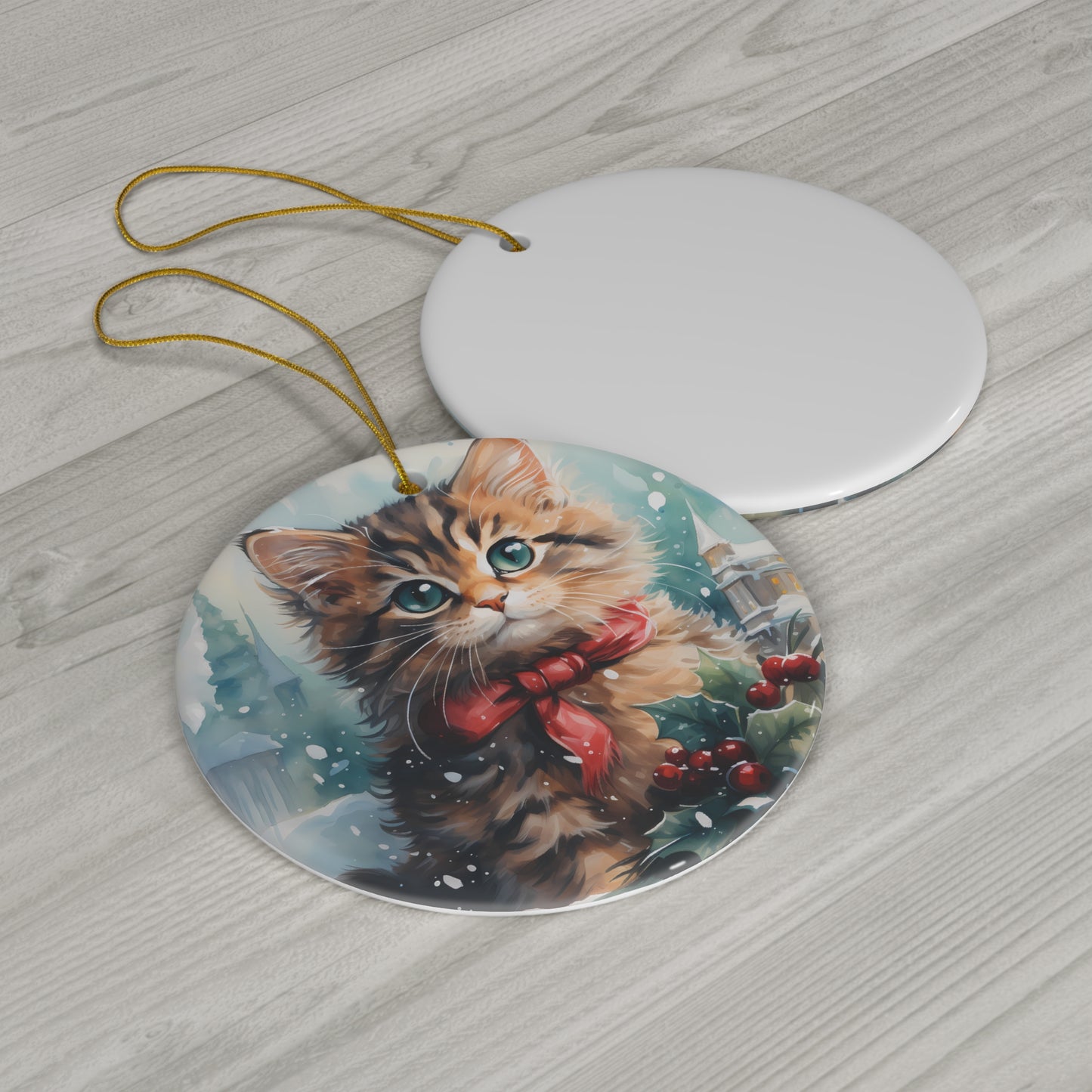 Watercolor Winter- Kitten Ceramic Ornament