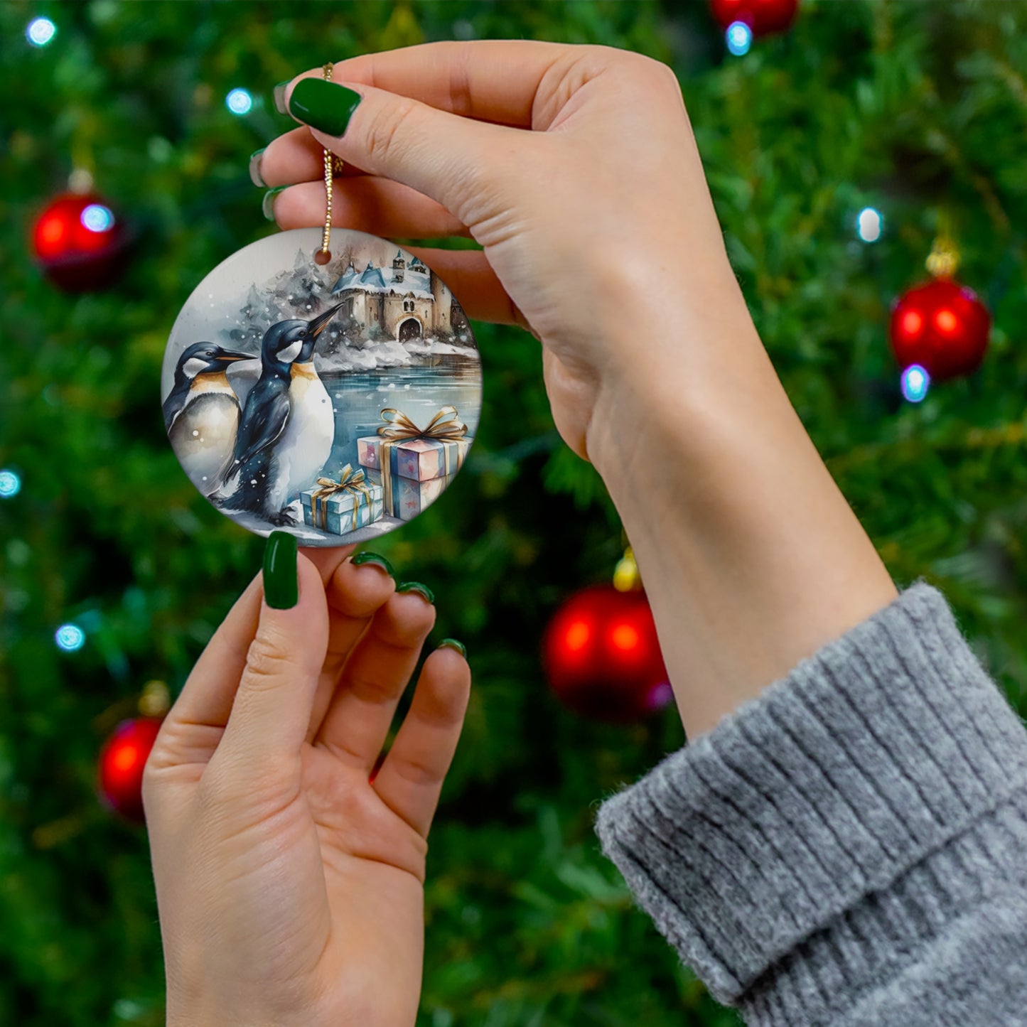 Watercolor Winter- Penguin Ceramic Ornament