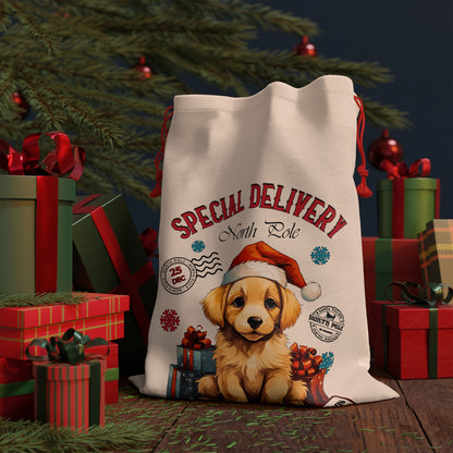 Special Delivery Puppy Christmas Linen Bag