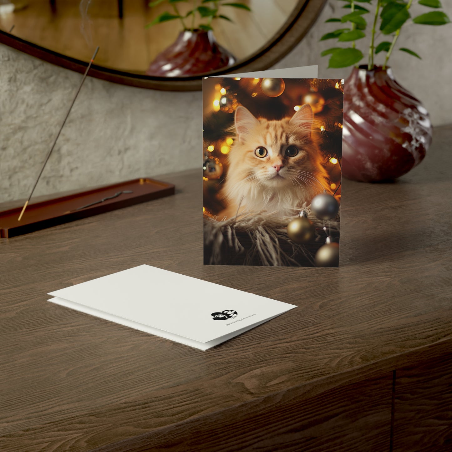 Cat by Christmas Tree Greeting Cards (1, 10, 30, and 50pcs)