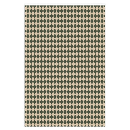 Cozy Christmas Green & Cream Diamond Checkered Plaid Wrapping Paper