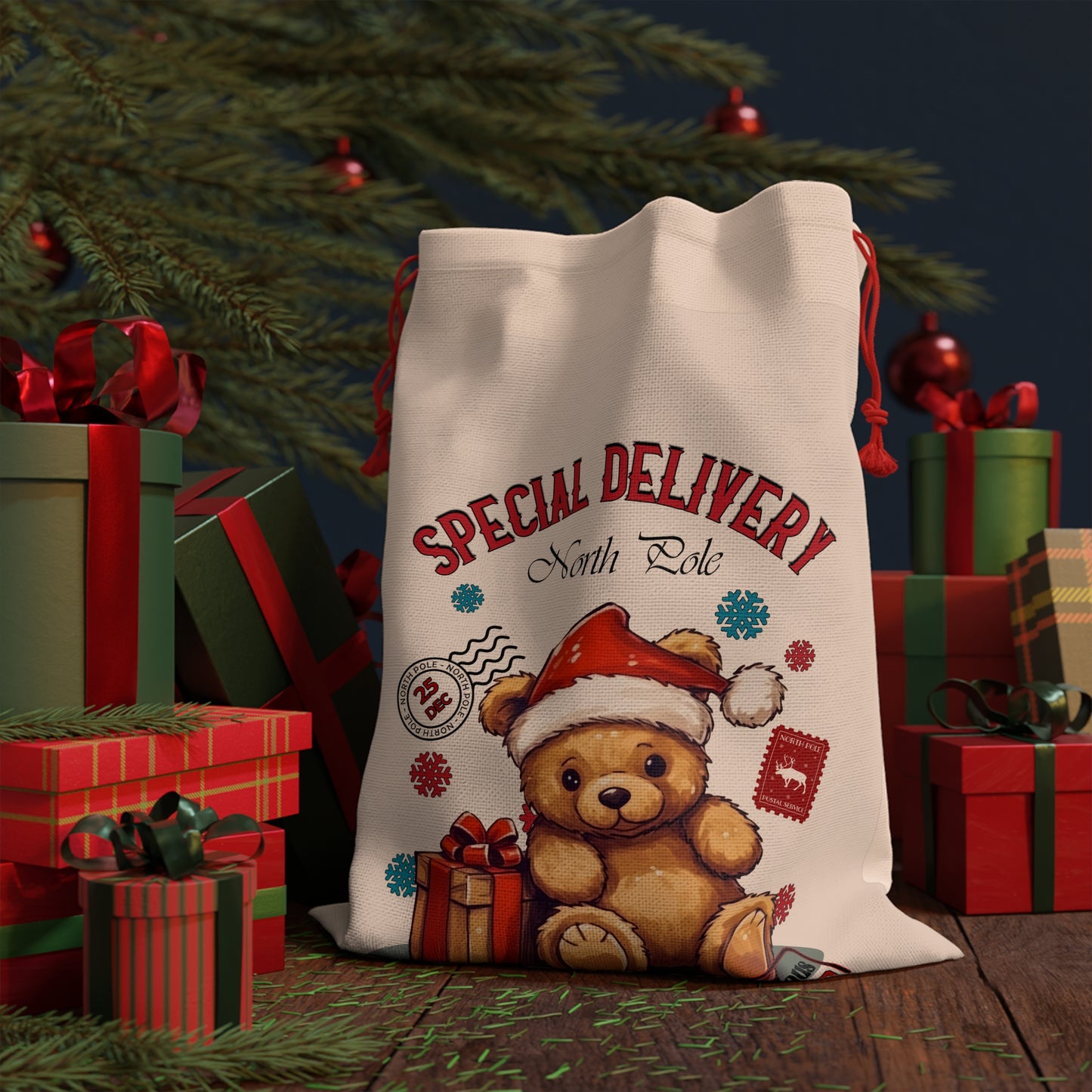 Special Delivery Bear Christmas Linen Bag