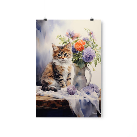 Tabby Kitten Floral Table Premium Matte Vertical Posters