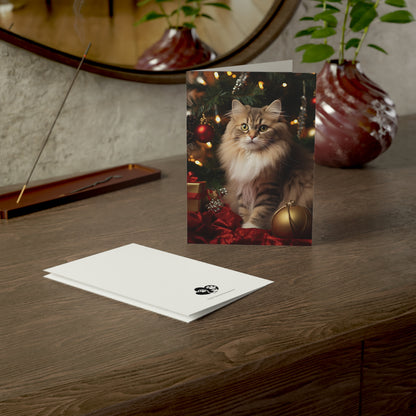 Cat by the Christmas Tree Greeting Cards (1, 10, 30, and 50pcs)