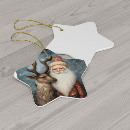 Watercolor Winter- Santa & Reindeer Ceramic Ornament