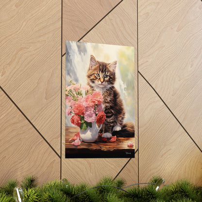 Tabby Kitten Floral Table Premium Matte Vertical Posters