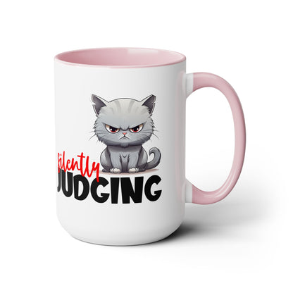 Silently Judging- Gray Cat Two-Tone Coffee Mugs, 15oz